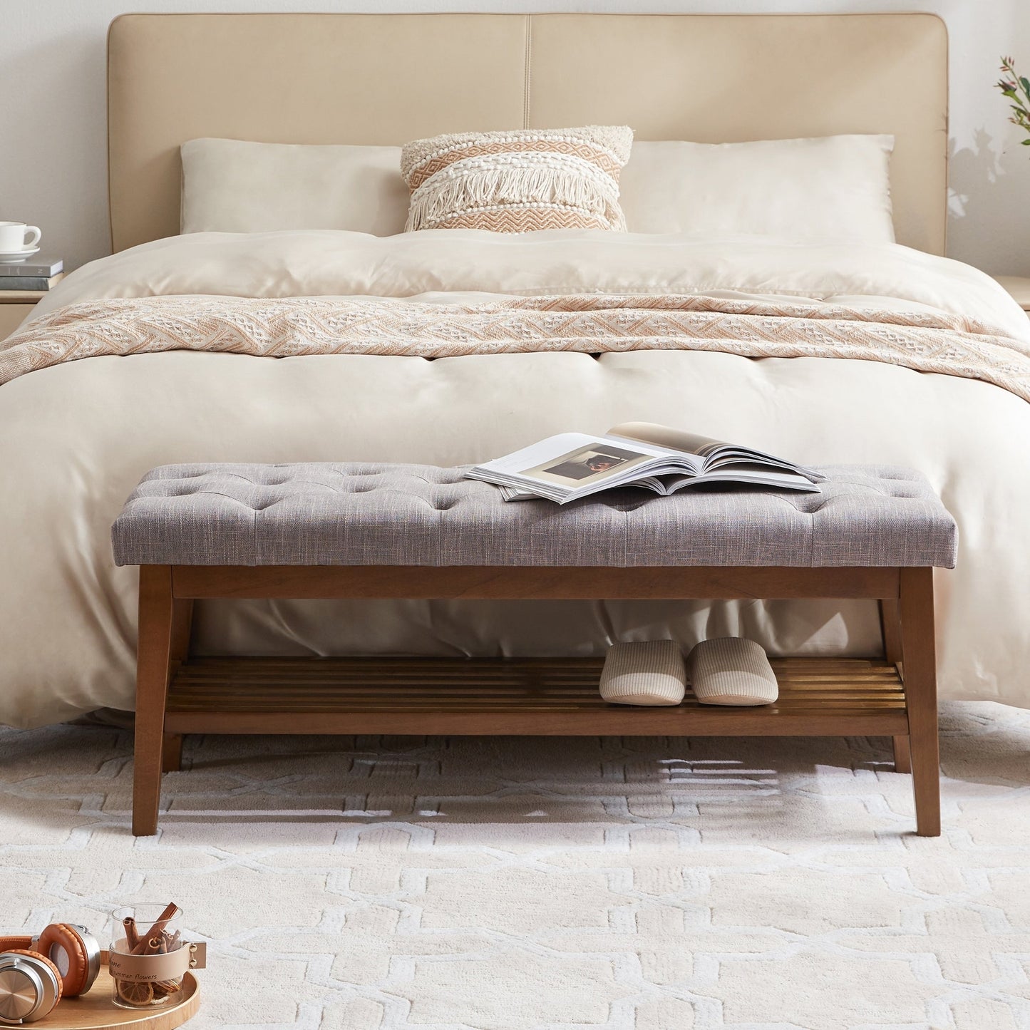 Banc à chaussures d'entrée, banc de rangement, tissu et bois massif, banc rembourré de 109 cm (43 pouces) pour salon, chambres à coucher