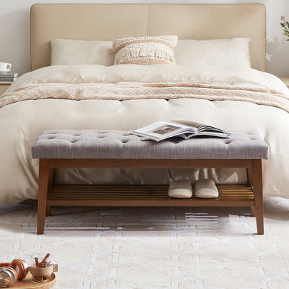 Banc à chaussures d'entrée, banc de rangement, tissu et bois massif, banc rembourré de 109 cm (43 pouces) pour salon, chambres à coucher