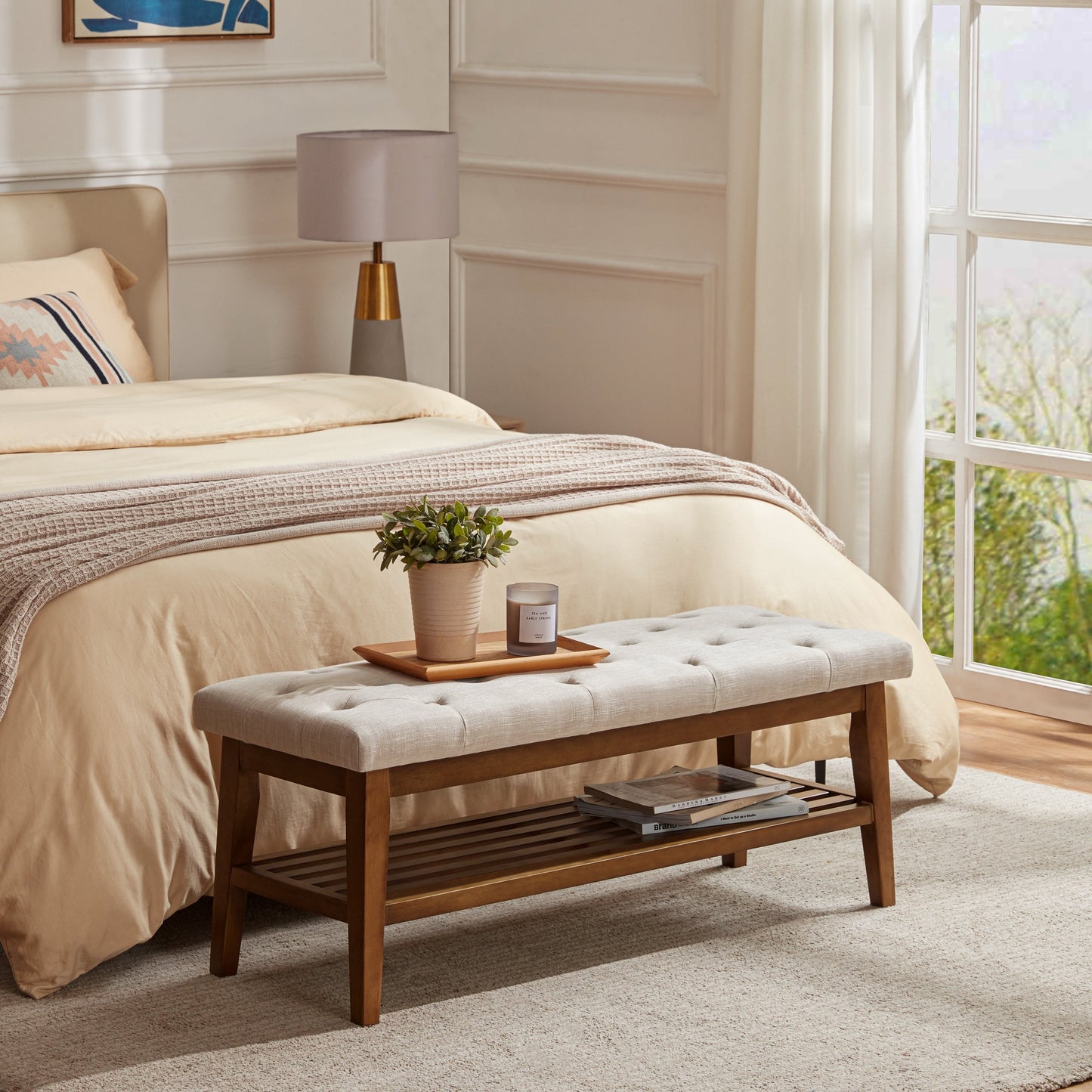 Banc à chaussures d'entrée, banc de rangement, tissu et bois massif, banc rembourré de 109 cm (43 pouces) pour salon, chambres à coucher