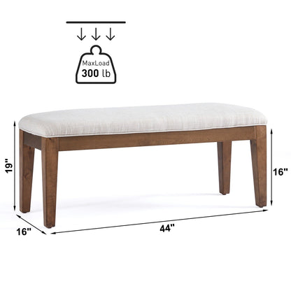 Banc d'entrée recouvert de tissu, banc de chambre à coucher pour le pied du lit beige, en bois massif, 44 pouces