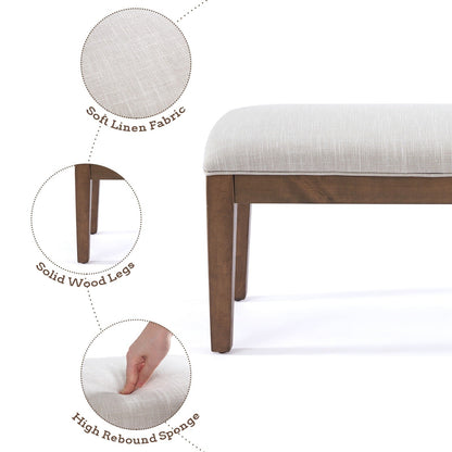 Banc d'entrée recouvert de tissu, banc de chambre à coucher pour le pied du lit beige, en bois massif, 44 pouces