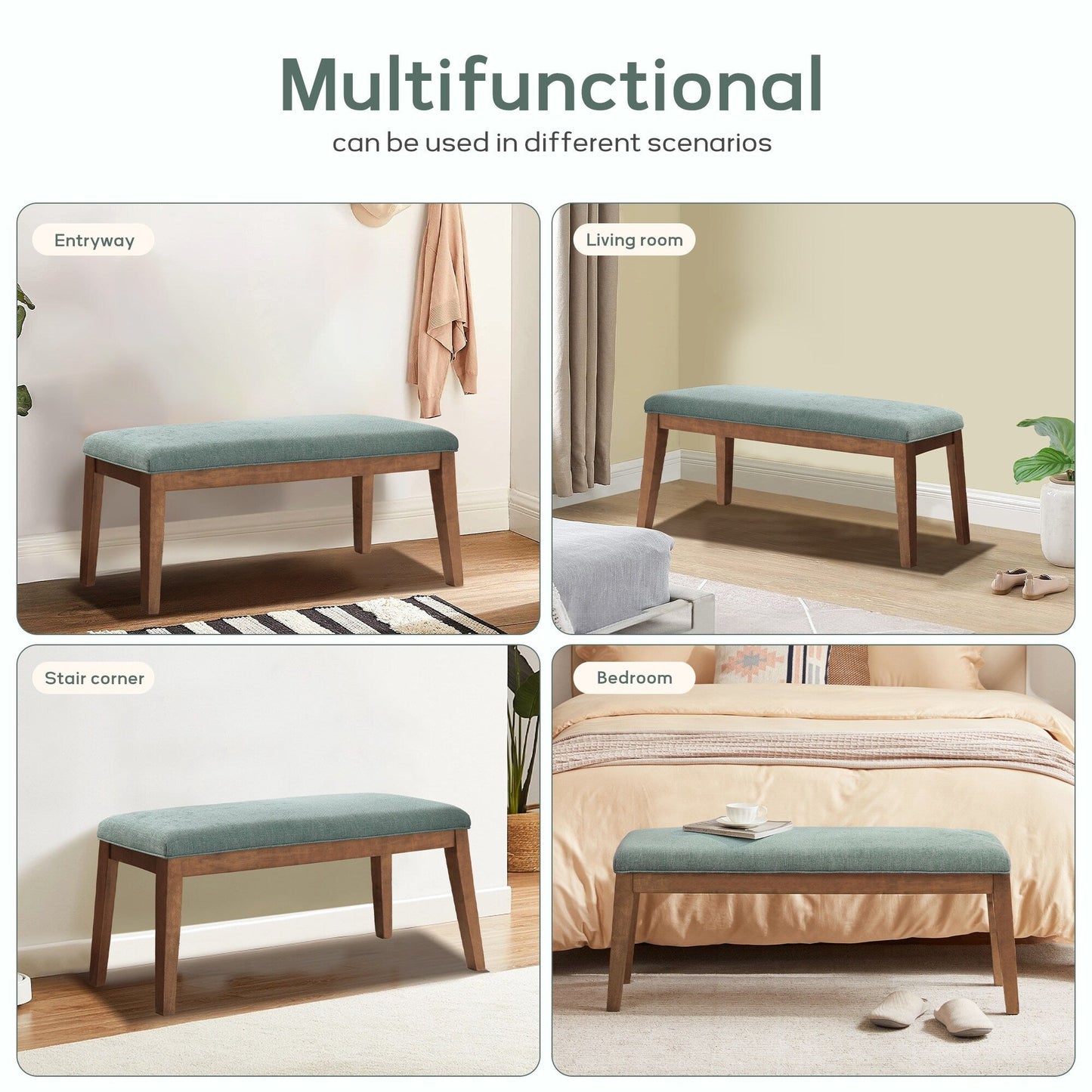 Banc d'entrée recouvert de tissu, banc de chambre à coucher pour le pied du lit beige, en bois massif, 44 pouces