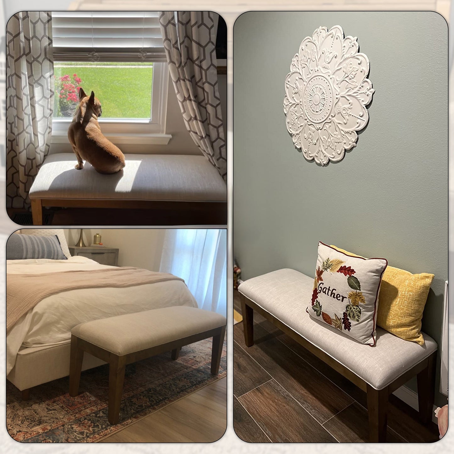 Banc d'entrée recouvert de tissu, banc de chambre à coucher pour le pied du lit beige, en bois massif, 44 pouces