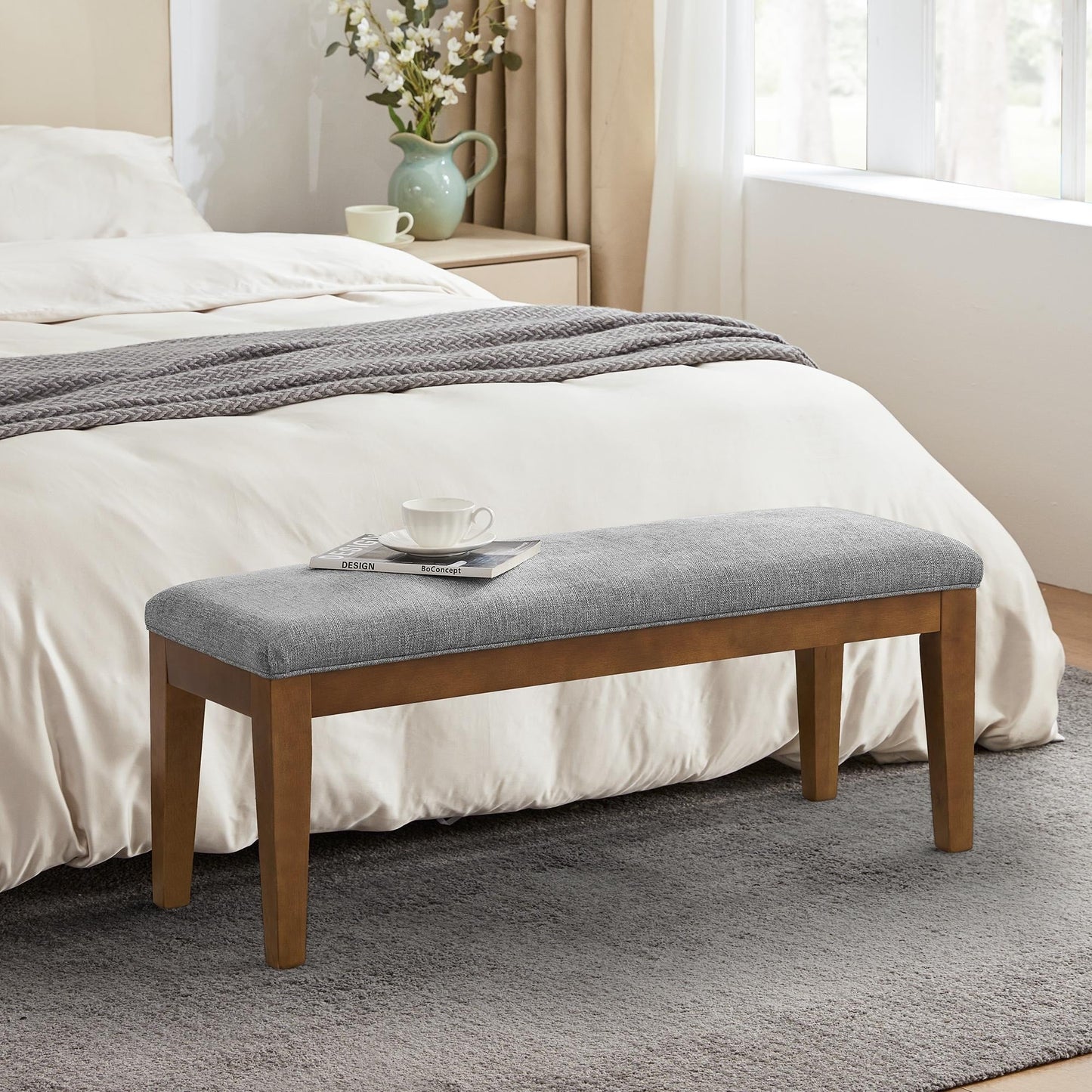 Banc d'entrée recouvert de tissu, banc de chambre à coucher pour le pied du lit beige, en bois massif, 44 pouces