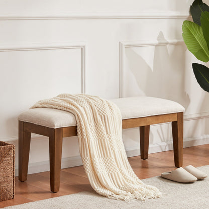 Banc d'entrée recouvert de tissu, banc de chambre à coucher pour le pied du lit beige, en bois massif, 44 pouces