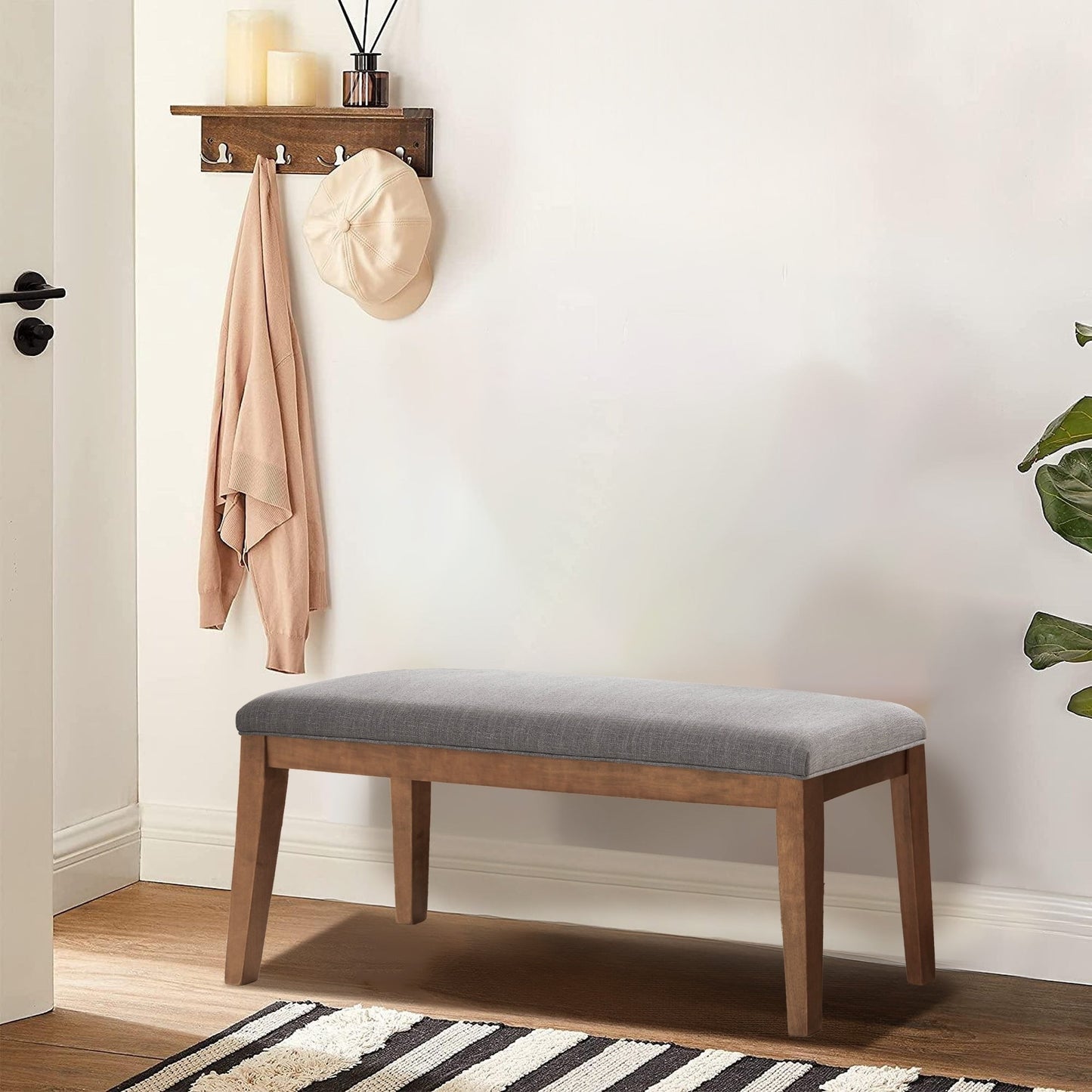 Banc d'entrée recouvert de tissu, banc de chambre à coucher pour le pied du lit beige, en bois massif, 44 pouces
