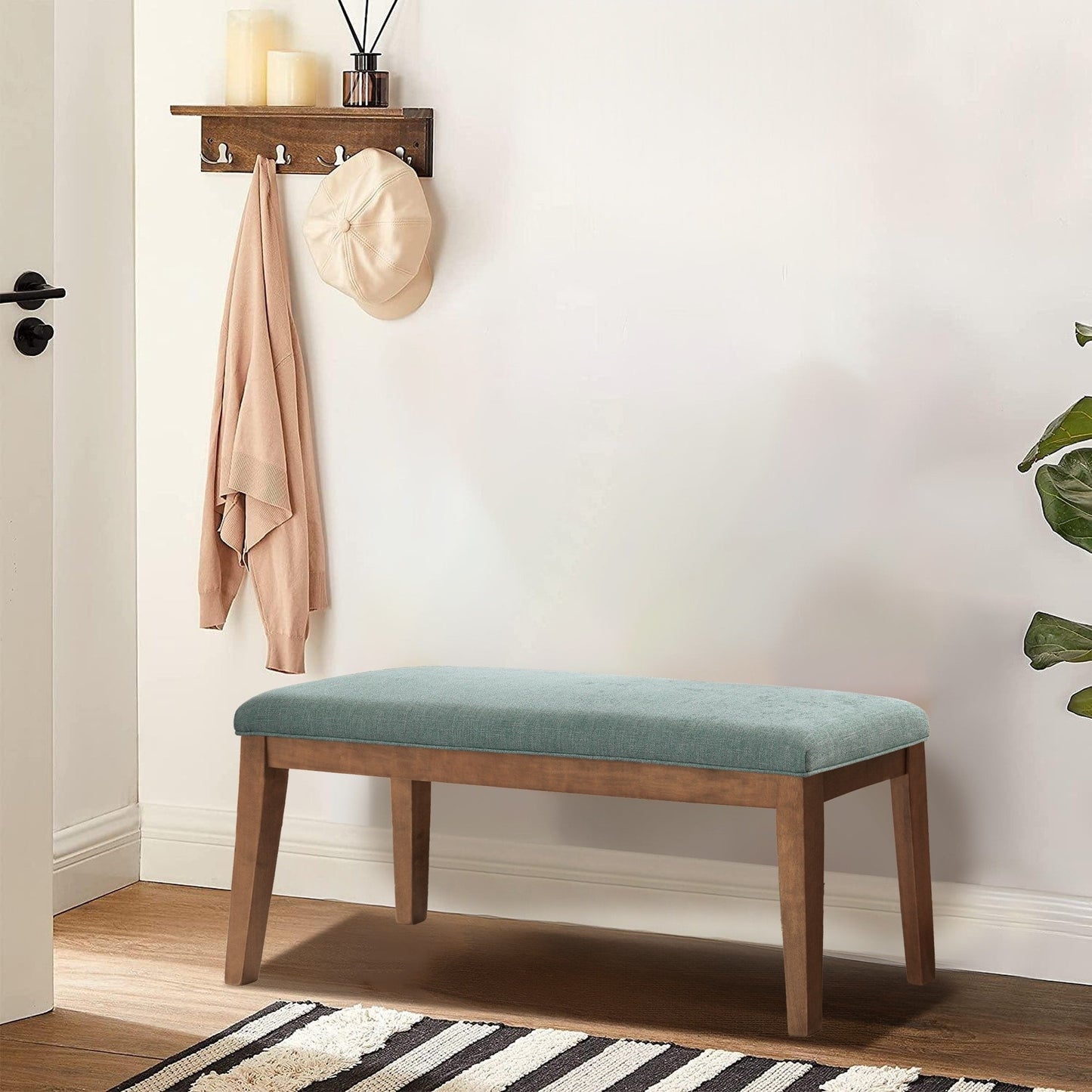 Banc d'entrée recouvert de tissu, banc de chambre à coucher pour le pied du lit beige, en bois massif, 44 pouces