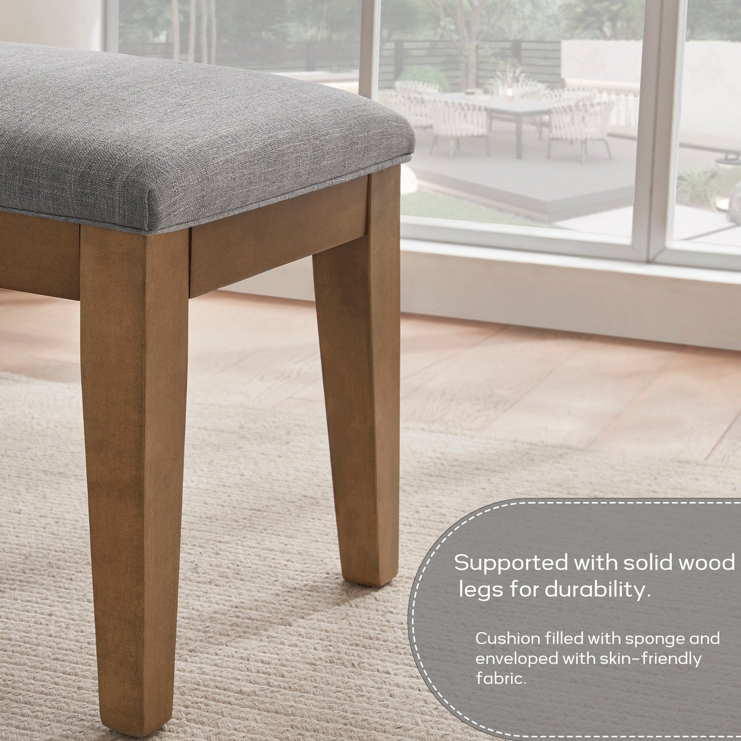 Banc d'entrée recouvert de tissu, banc de chambre à coucher pour le pied du lit beige, en bois massif, 44 pouces