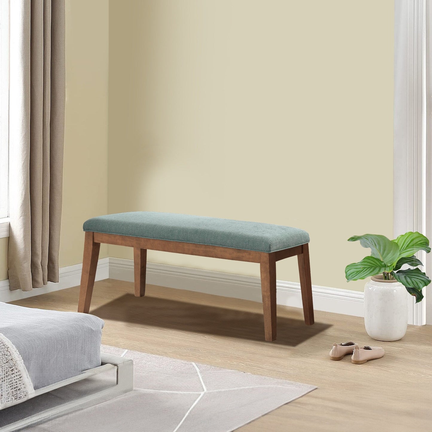 Banc d'entrée recouvert de tissu, banc de chambre à coucher pour le pied du lit beige, en bois massif, 44 pouces