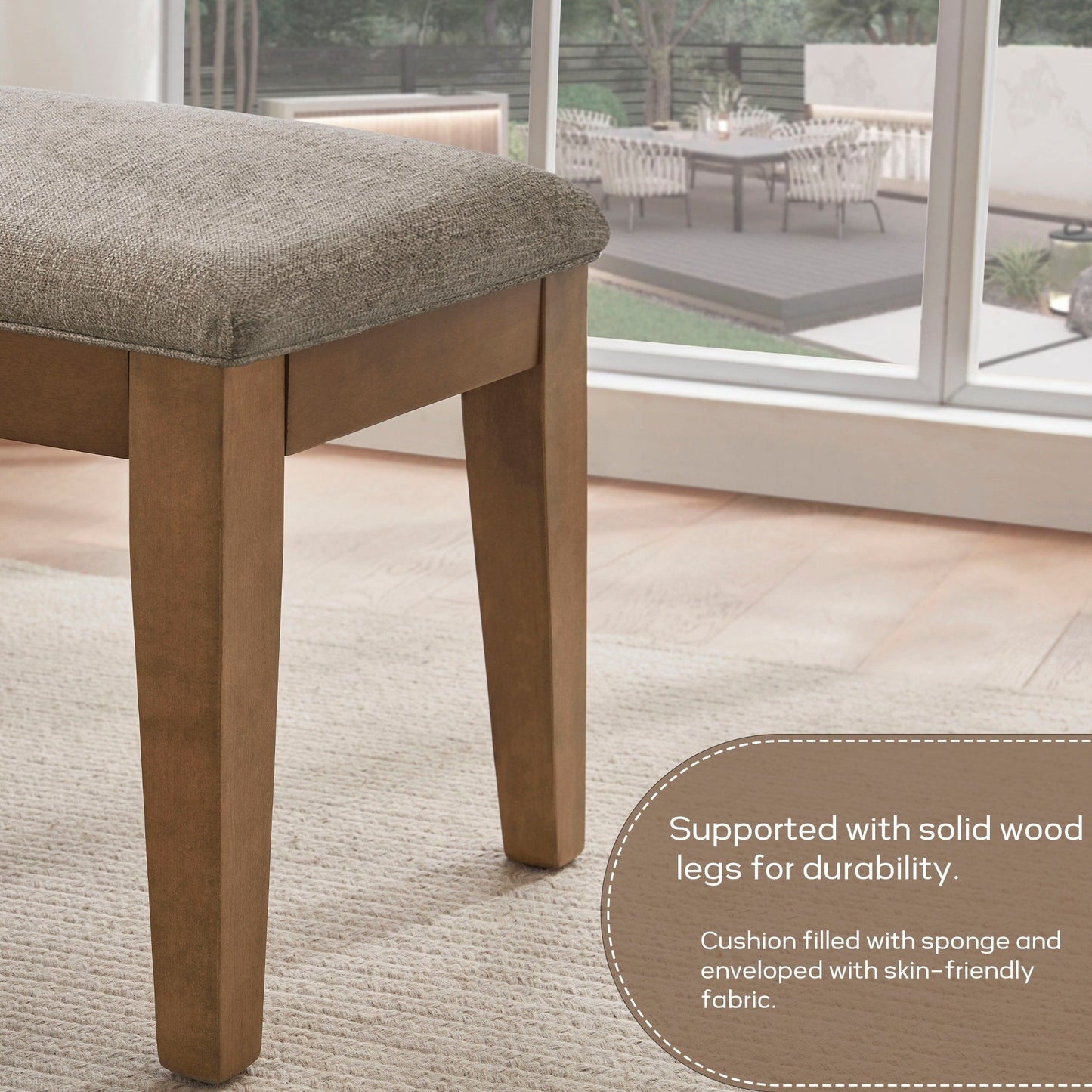 Banc d'entrée recouvert de tissu, banc de chambre à coucher pour le pied du lit beige, en bois massif, 44 pouces