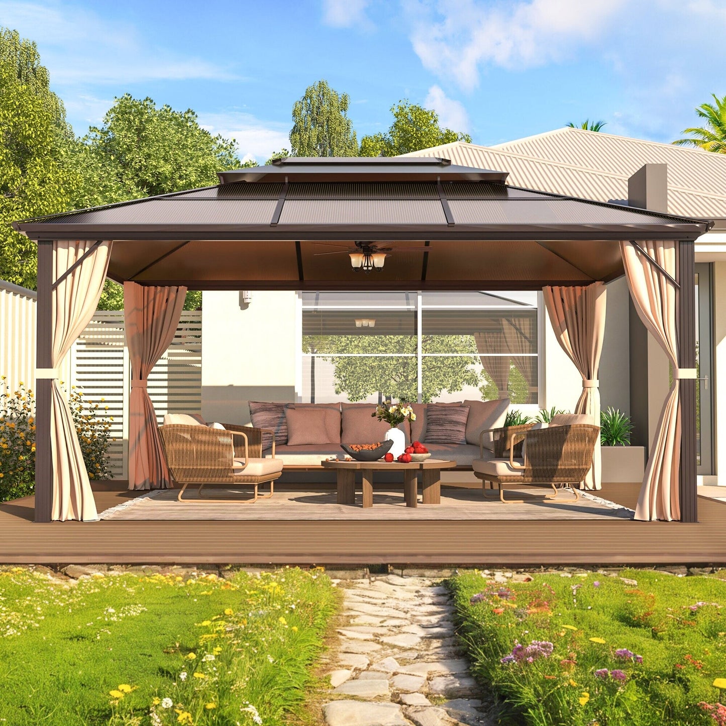 Gazebo à toit rigide pour jardin – Pergola permanente avec moustiquaire, rideaux et toit double, abri extérieur toutes saisons