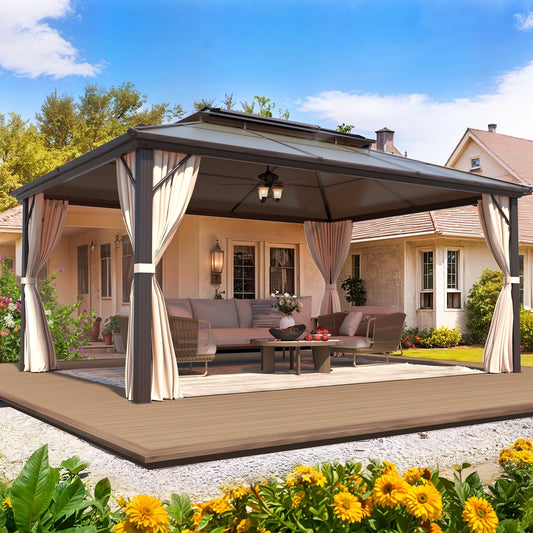 Gazebo à toit rigide pour jardin – Pergola permanente avec moustiquaire, rideaux et toit double, abri extérieur toutes saisons
