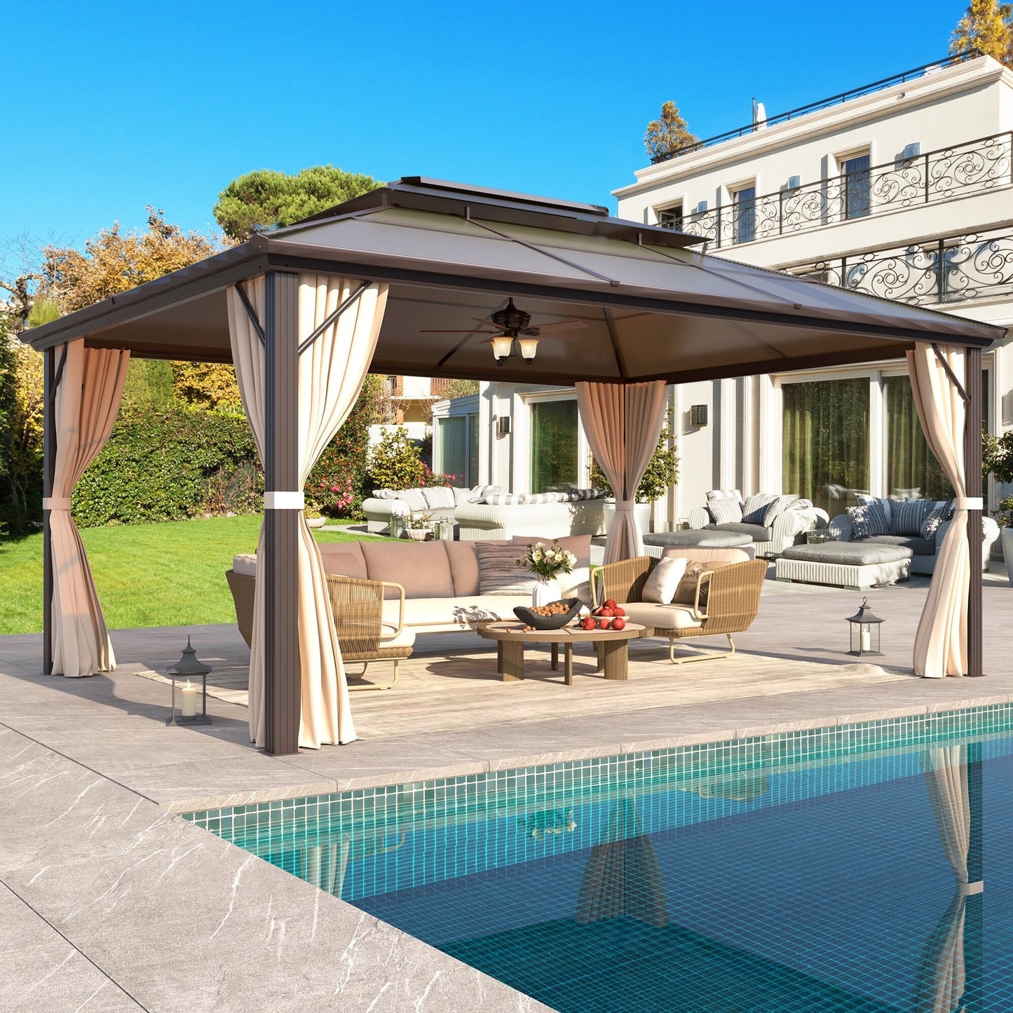 EROMMY Gazebo à toit rigide, Pergola d'extérieur avec double toit, moustiquaire et rideaux, auvent robuste pour patio, jardin, fête à la piscine