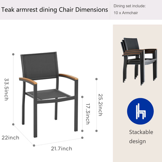 Heck 13 Pieces FSC Teak Aluminum Outdoor Dining Set for 12 Person, Extendable Table and Stackable Chair, Charcoal Black