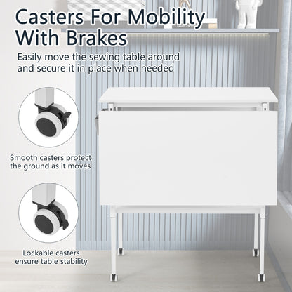 Table d'artisanat à hauteur réglable avec étagères de rangement, table de coupe pliable mobile pour maison, bureau, salle de couture, salle d'artisanat