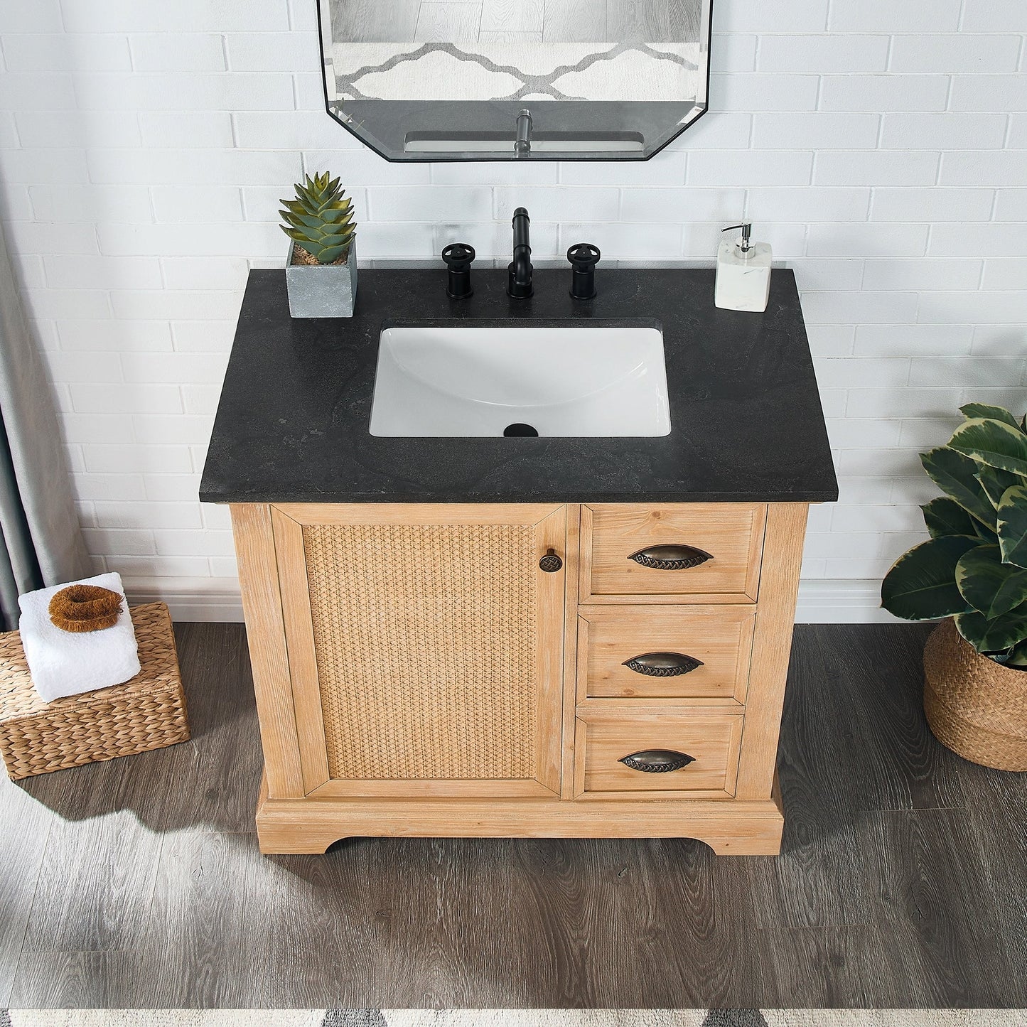 Meuble-lavabo Hervas avec plan de toilette en marbre naturel, sans miroir.