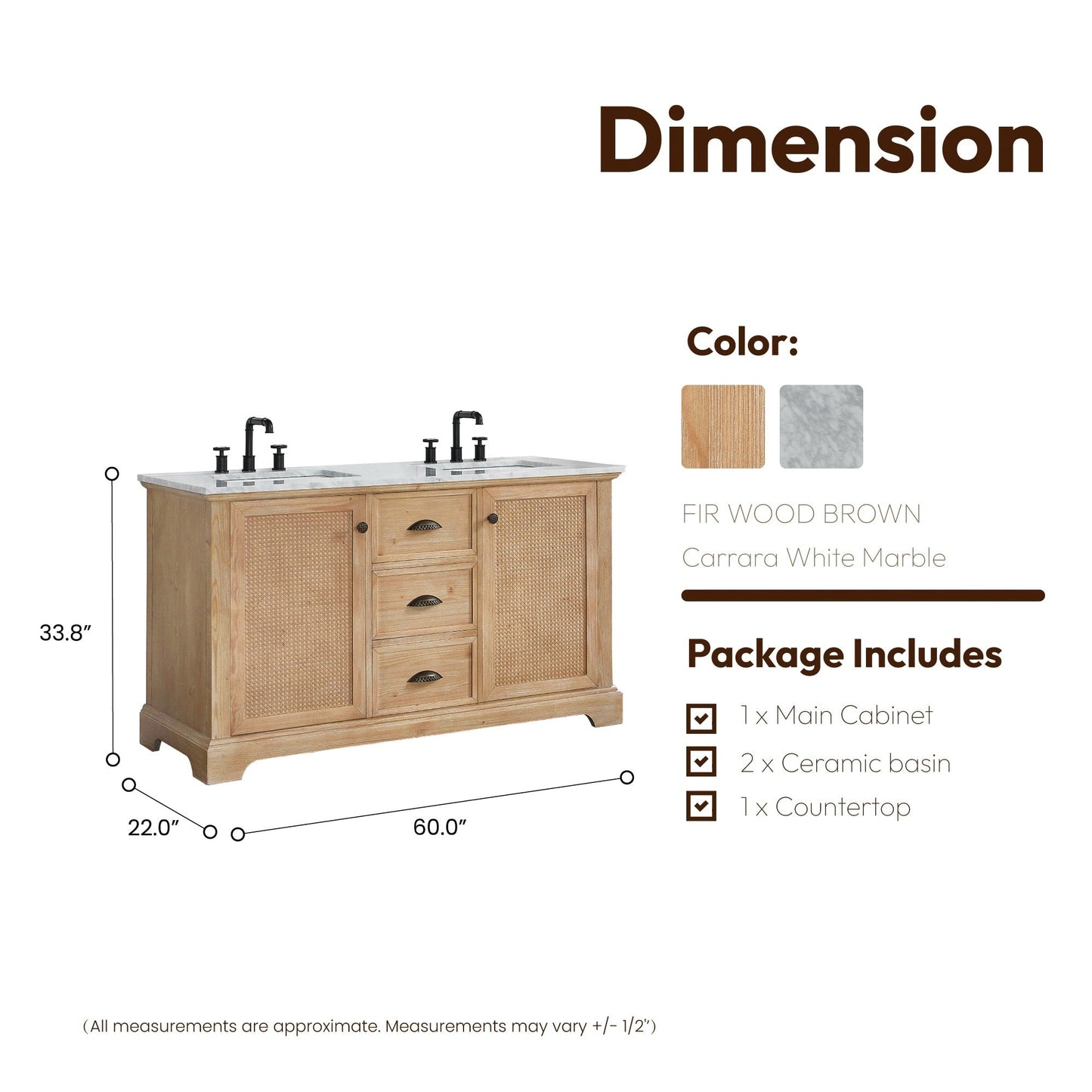 Meuble-lavabo Hervas avec plan de toilette en marbre naturel, sans miroir.