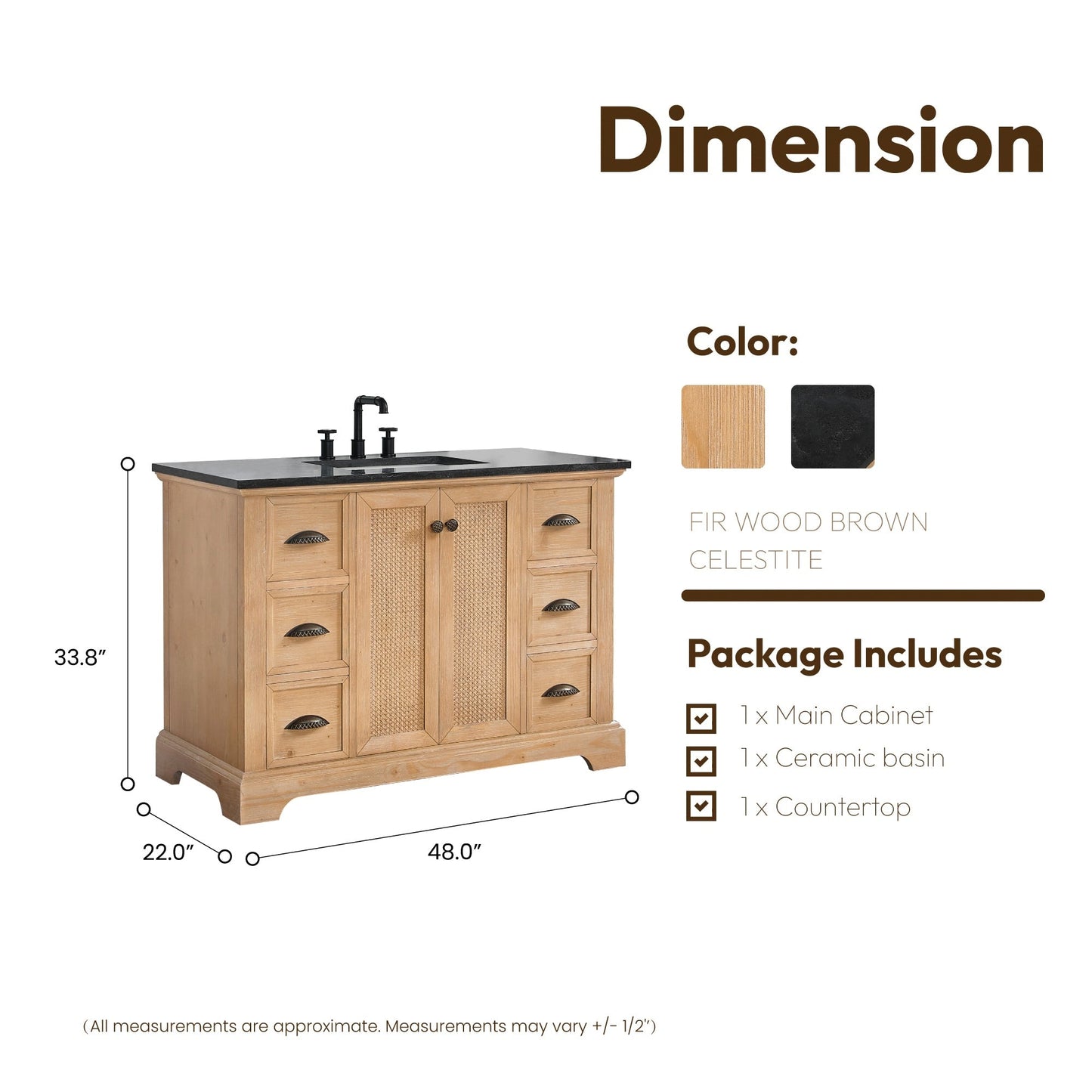 Meuble-lavabo Hervas avec plan de toilette en marbre naturel, sans miroir.