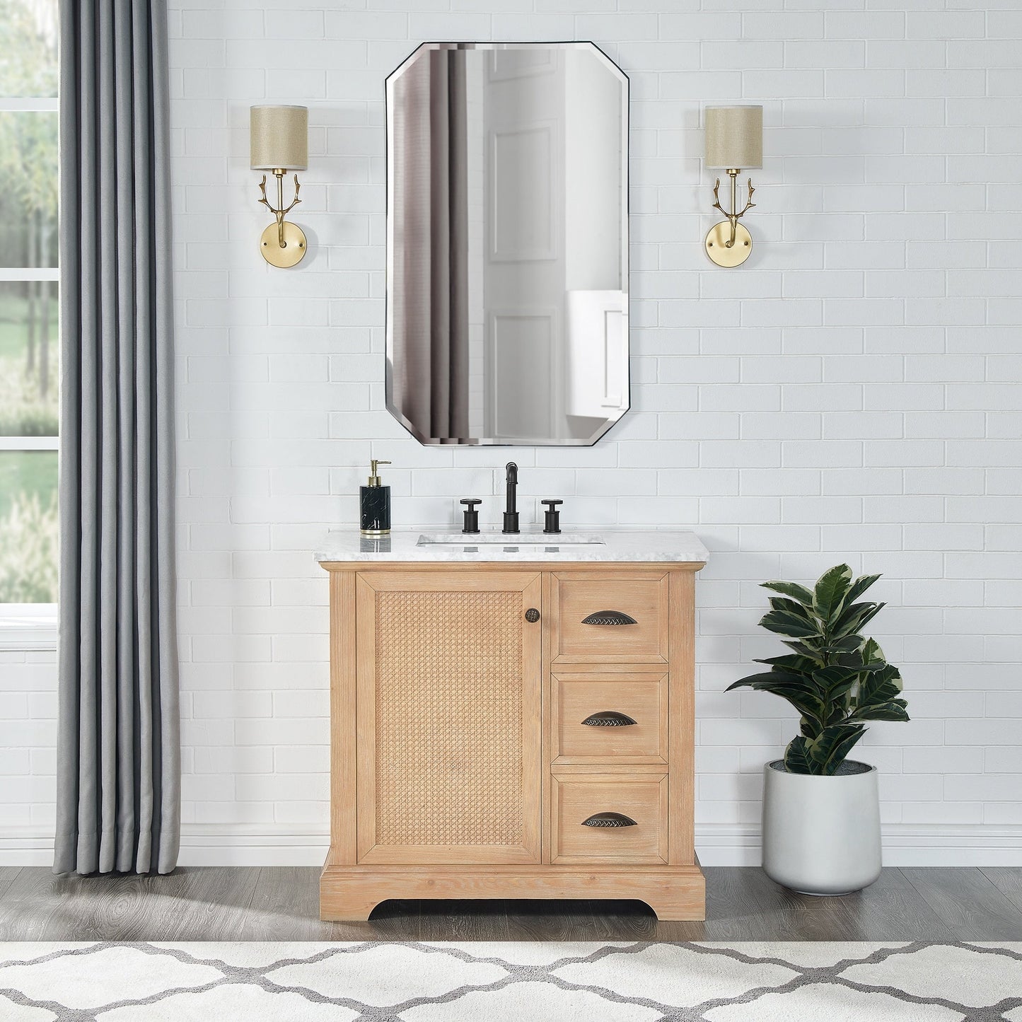 Meuble-lavabo Hervas avec plan de toilette en marbre naturel, sans miroir.
