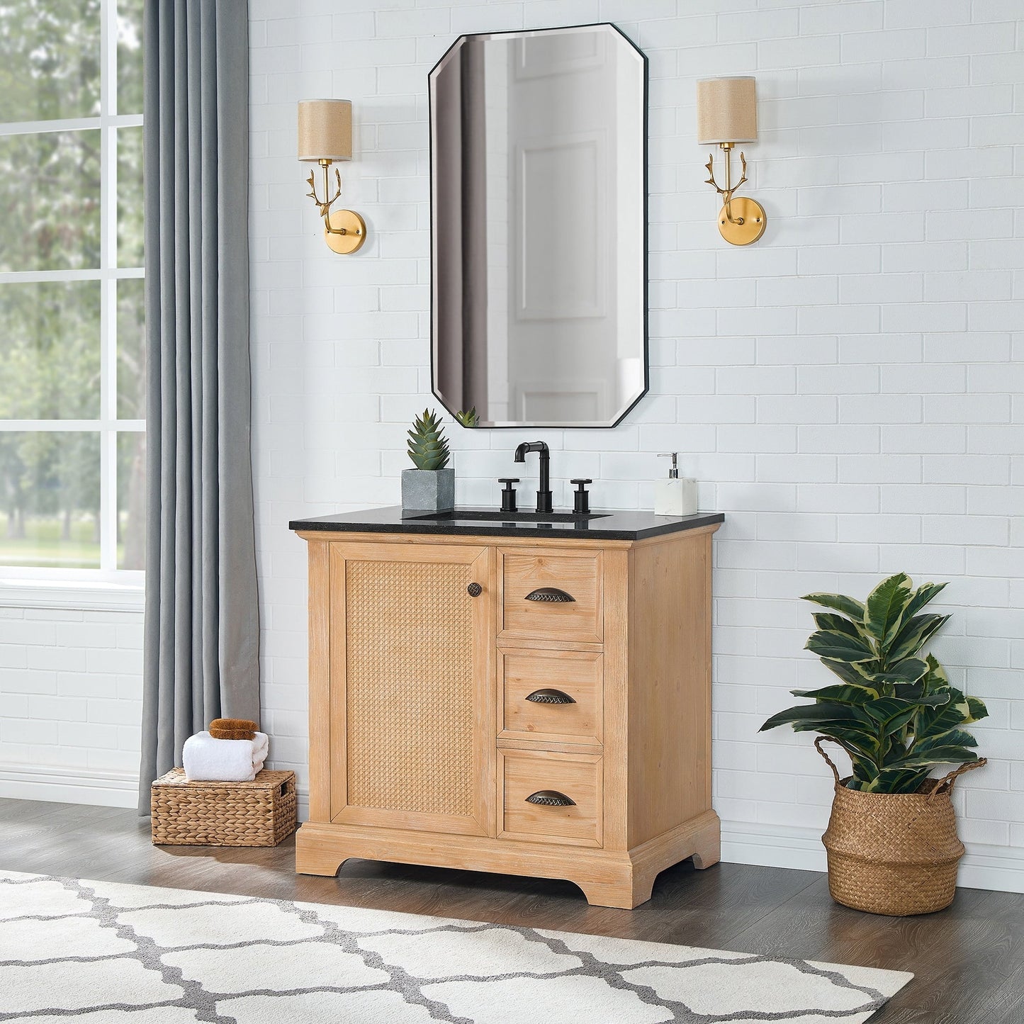 Meuble-lavabo Hervas avec plan de toilette en marbre naturel, sans miroir.