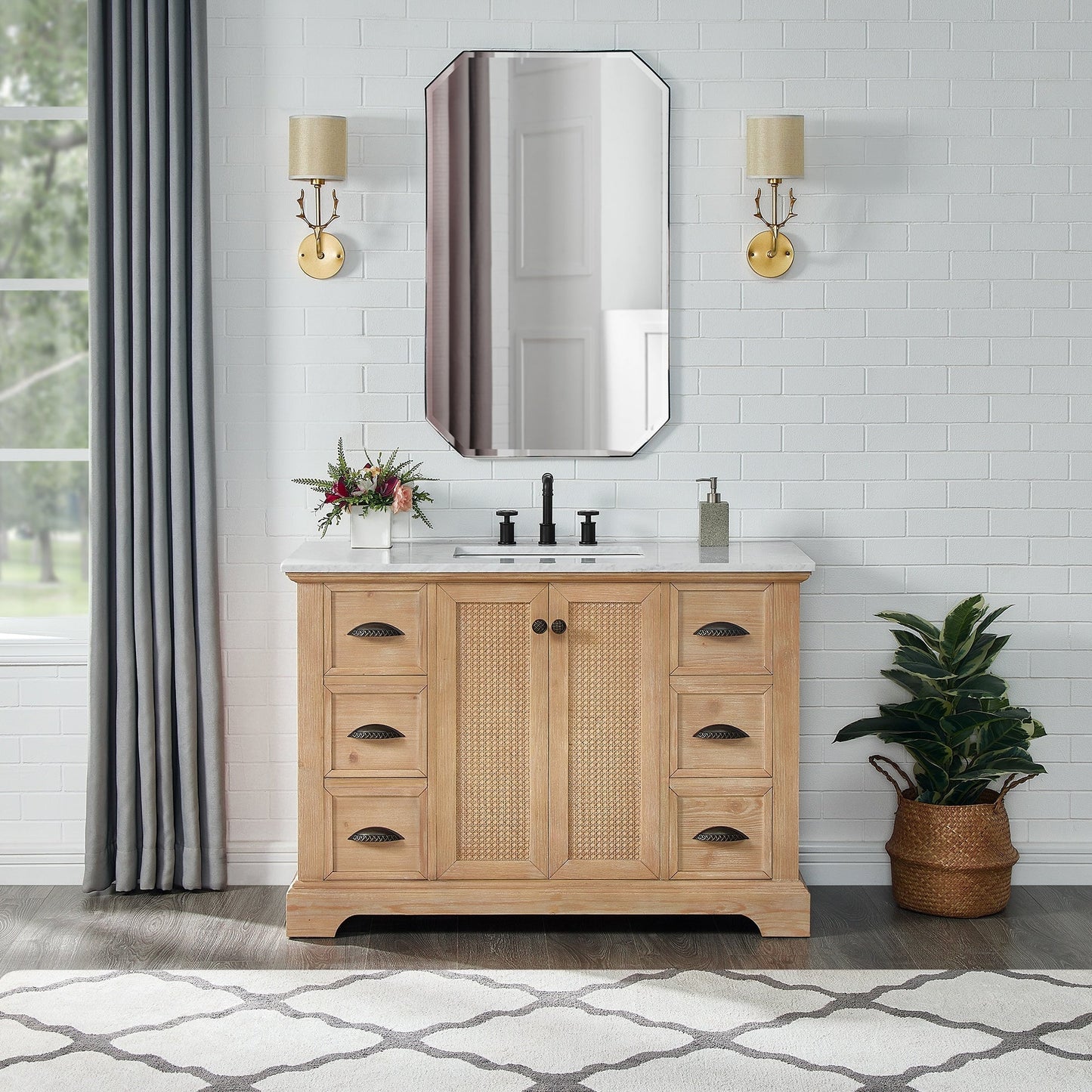 Meuble-lavabo Hervas avec plan de toilette en marbre naturel, sans miroir.