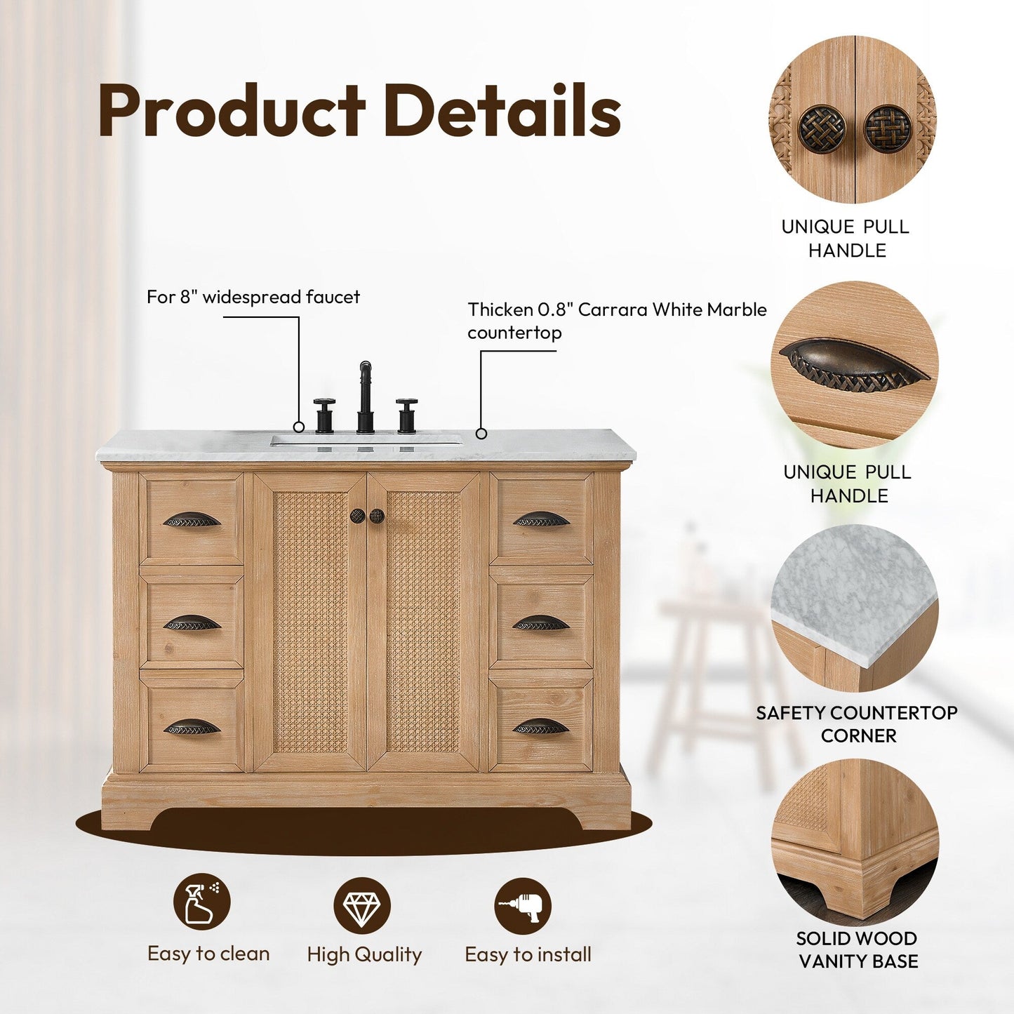 Meuble-lavabo Hervas avec plan de toilette en marbre naturel, sans miroir.