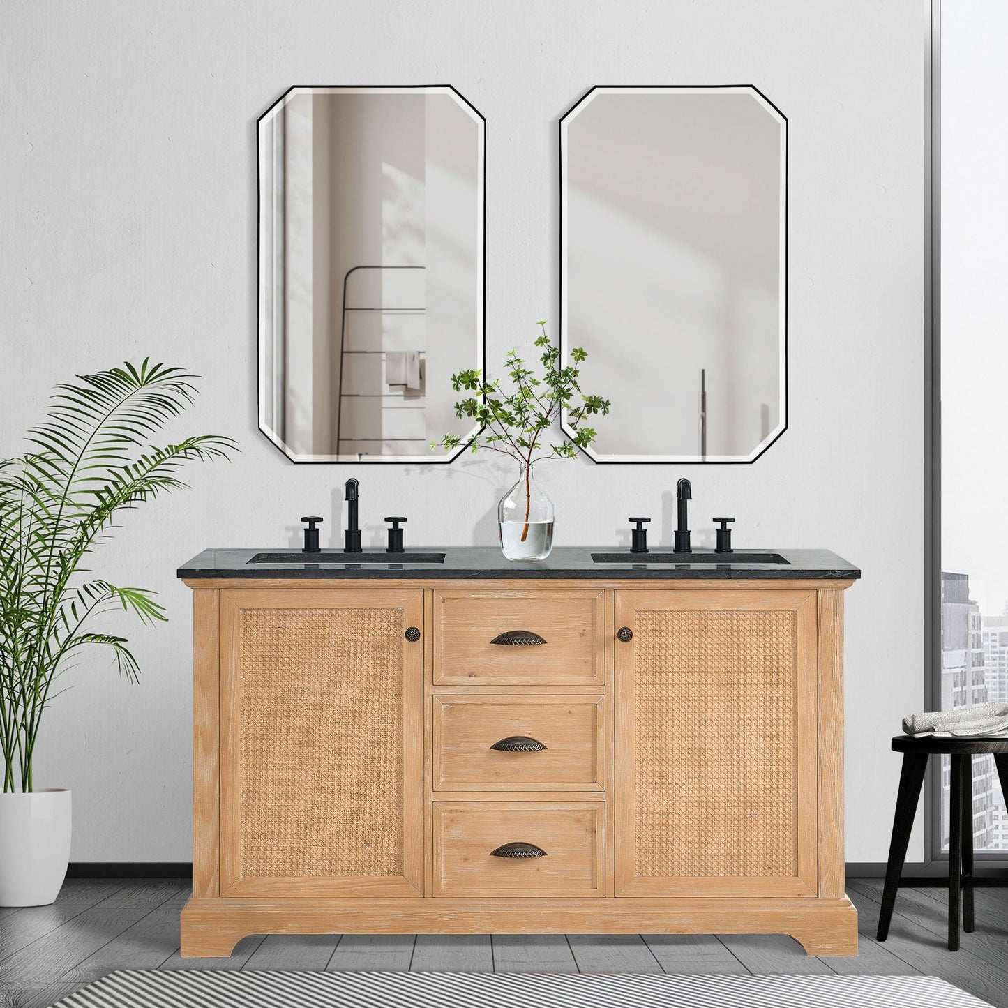 Meuble-lavabo Hervas avec plan de toilette en marbre naturel, sans miroir.