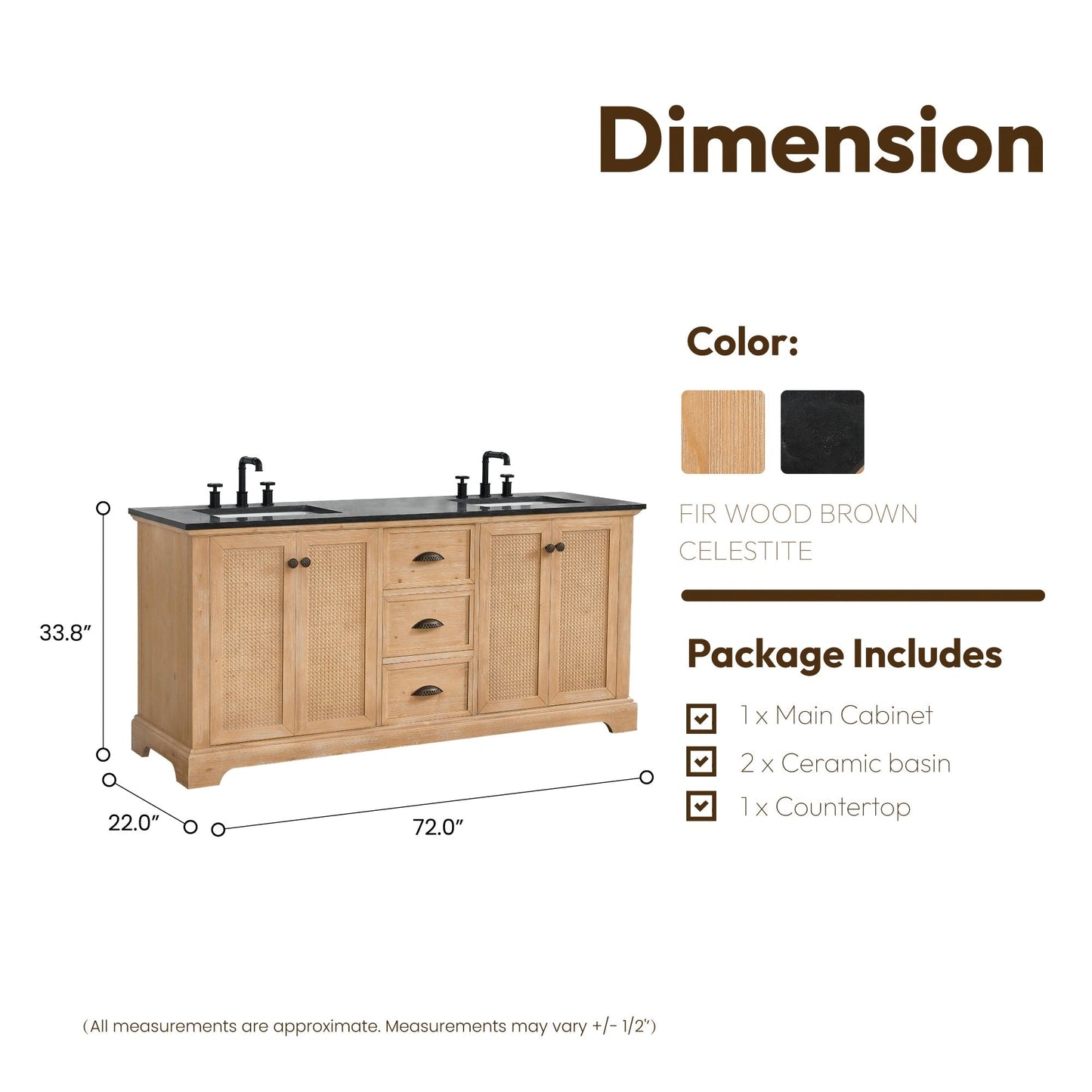 Meuble-lavabo Hervas avec plan de toilette en marbre naturel, sans miroir.