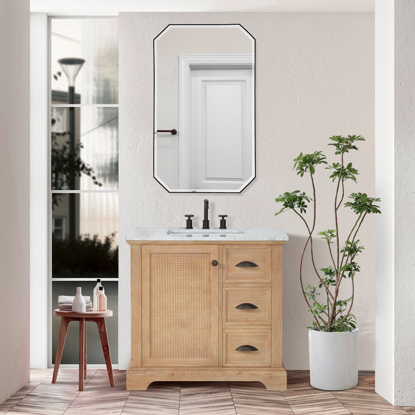 Meuble-lavabo Hervas avec plan de toilette en marbre naturel, sans miroir.