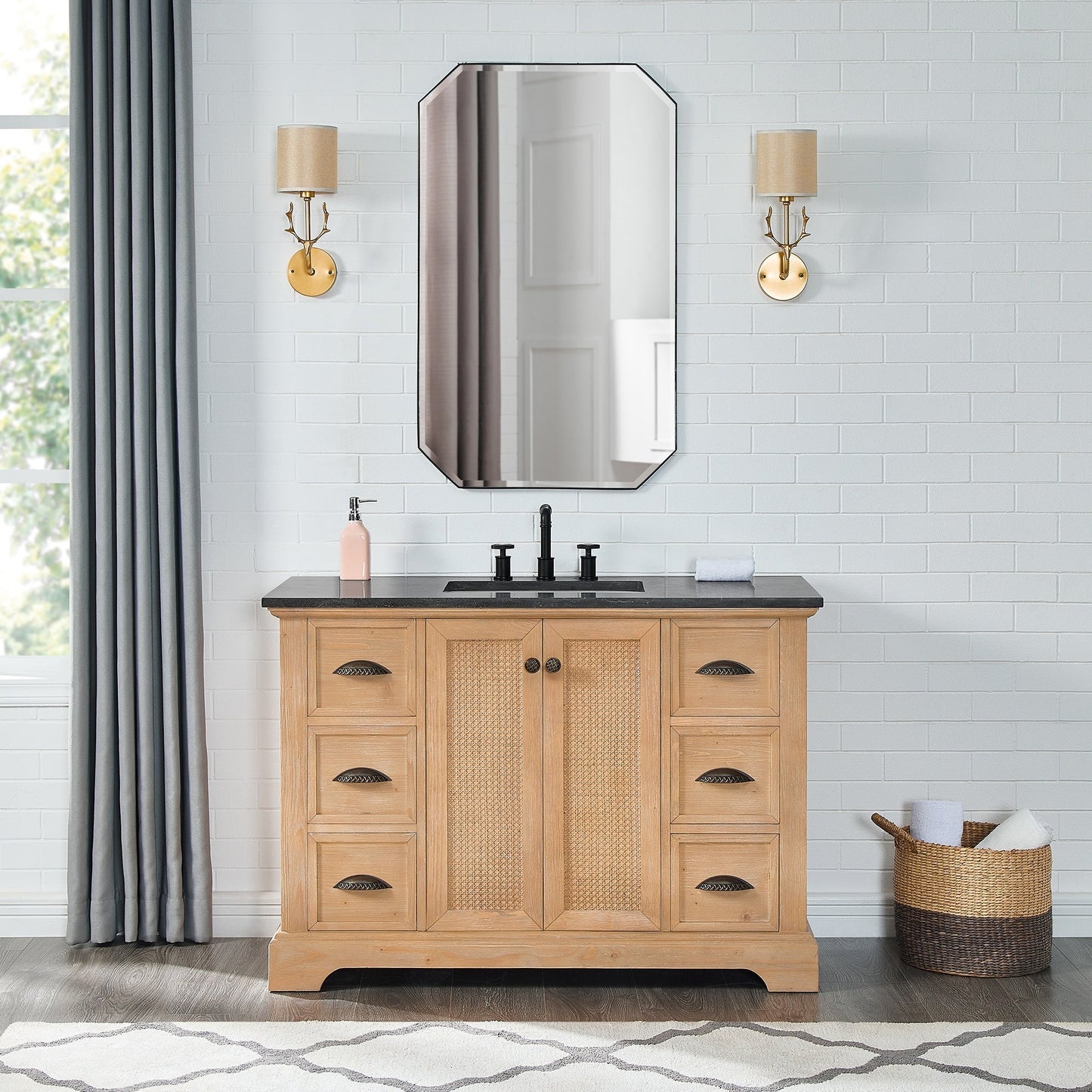 Meuble-lavabo Hervas avec plan de toilette en marbre naturel, sans miroir.