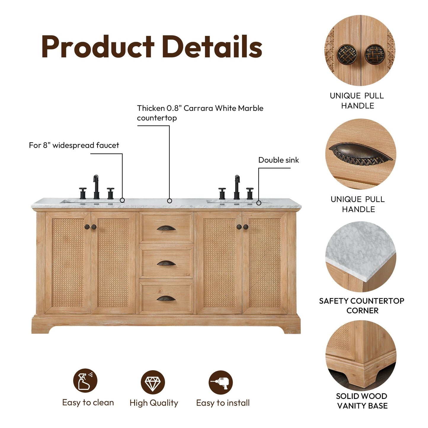 Meuble-lavabo Hervas avec plan de toilette en marbre naturel, sans miroir.