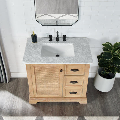 Meuble-lavabo Hervas avec plan de toilette en marbre naturel, sans miroir.