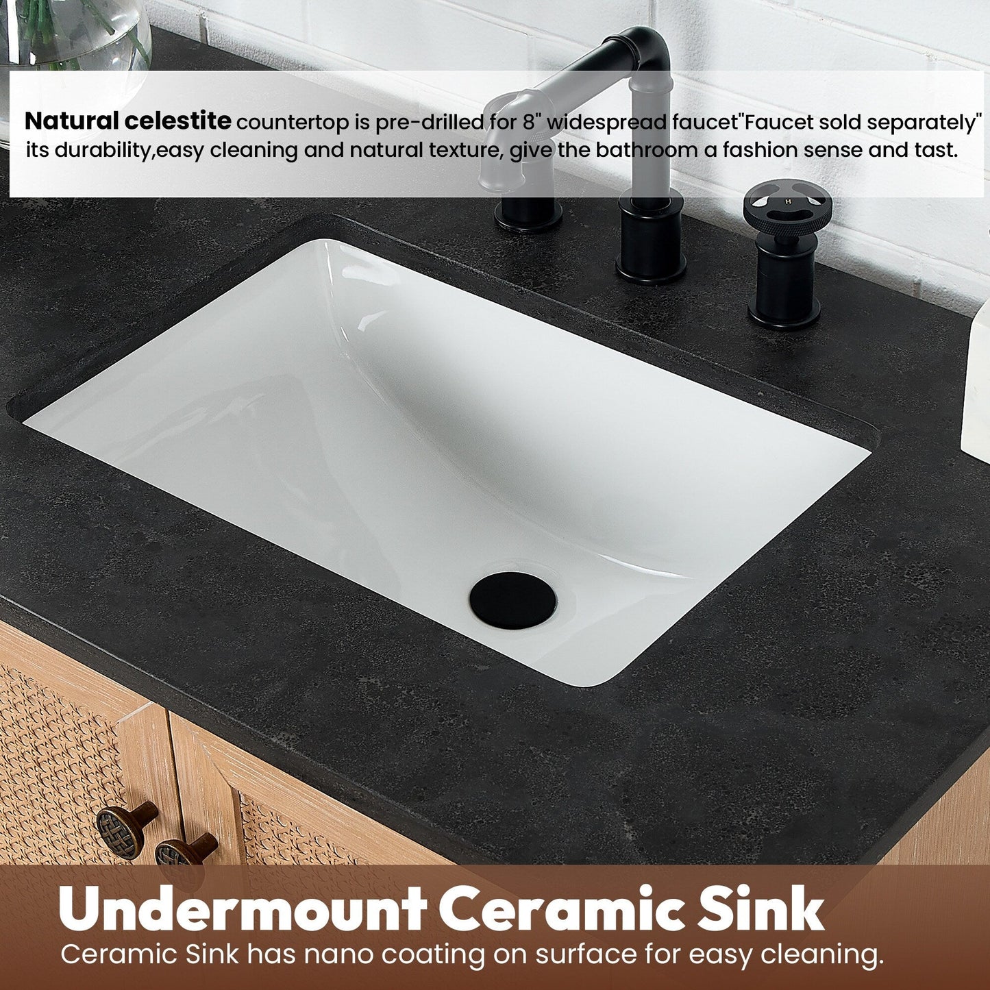 Meuble-lavabo Hervas avec plan de toilette en marbre naturel, sans miroir.