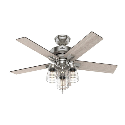 Ventilateur de plafond Hunter 44 Altidore en nickel brossé avec kit d'éclairage LED, cordon à tirer - Style rustique, champêtre, transitionnel