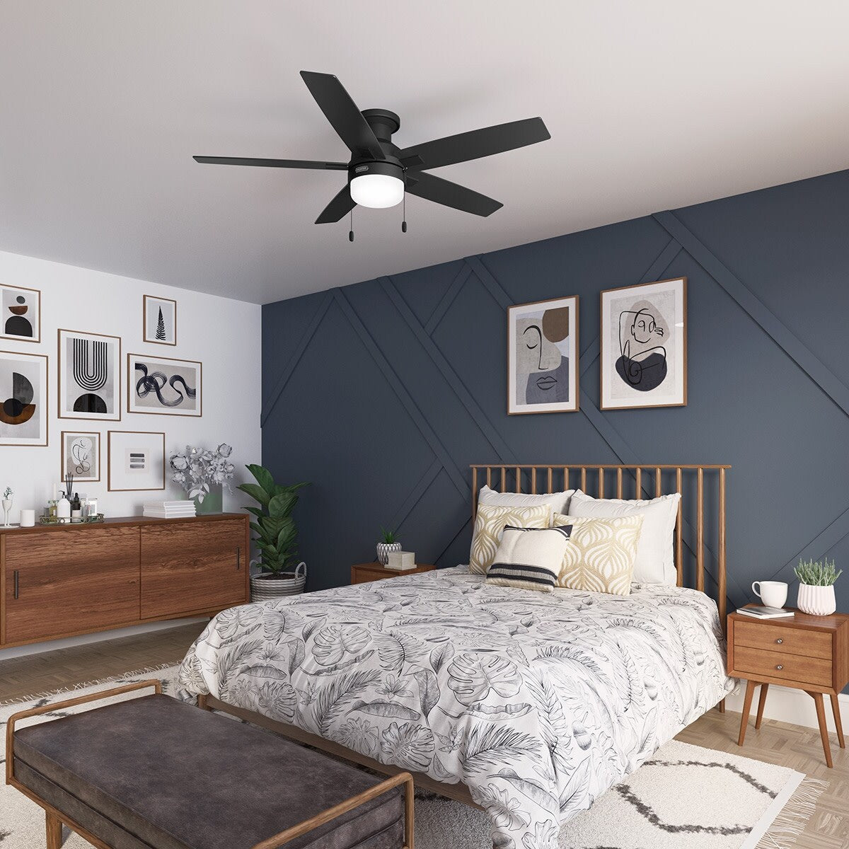 Ventilateur de plafond Hunter 52 Anisten à profil bas avec éclairage LED et cordon d'actionnement - Style moderne, contemporain, transitionnel