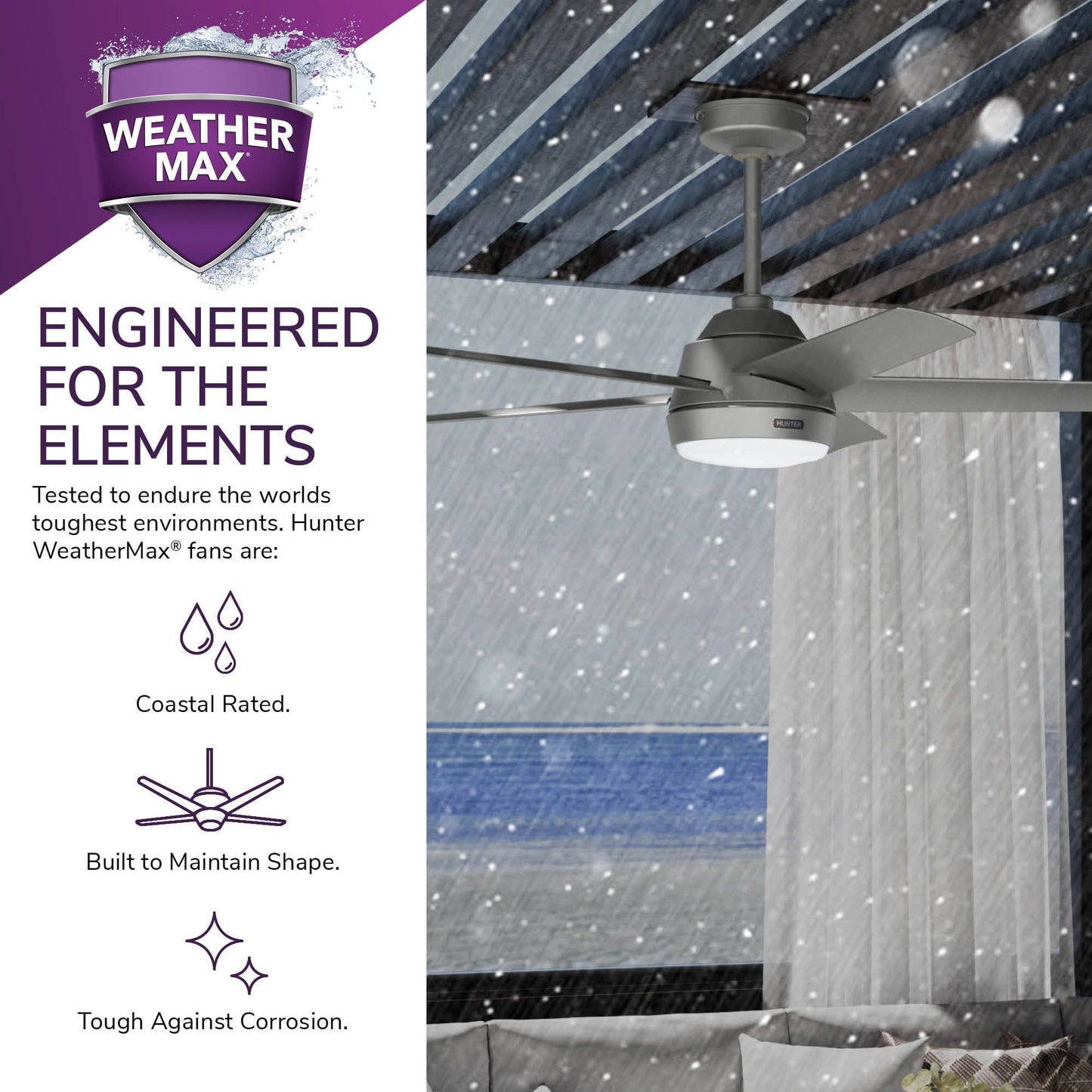 Ventilateur de plafond d'extérieur Hunter 52 Skyflow avec kit d'éclairage LED, commande murale - Style côtier, moderne et contemporain - WeatherMax - ÉQUIPEMENT POUR L'EXTÉRIEUR !