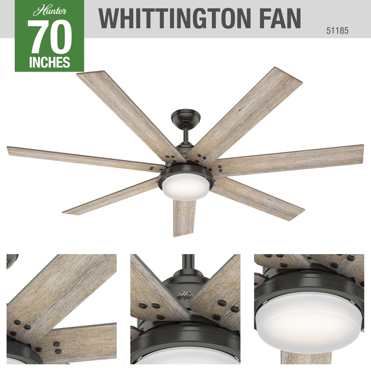 Ventilateur de plafond Hunter WiFi Whittington avec éclairage LED, télécommande - Style moulin à vent - Industriel, ferme, rustique - VENTILATEUR INTELLIGENT !