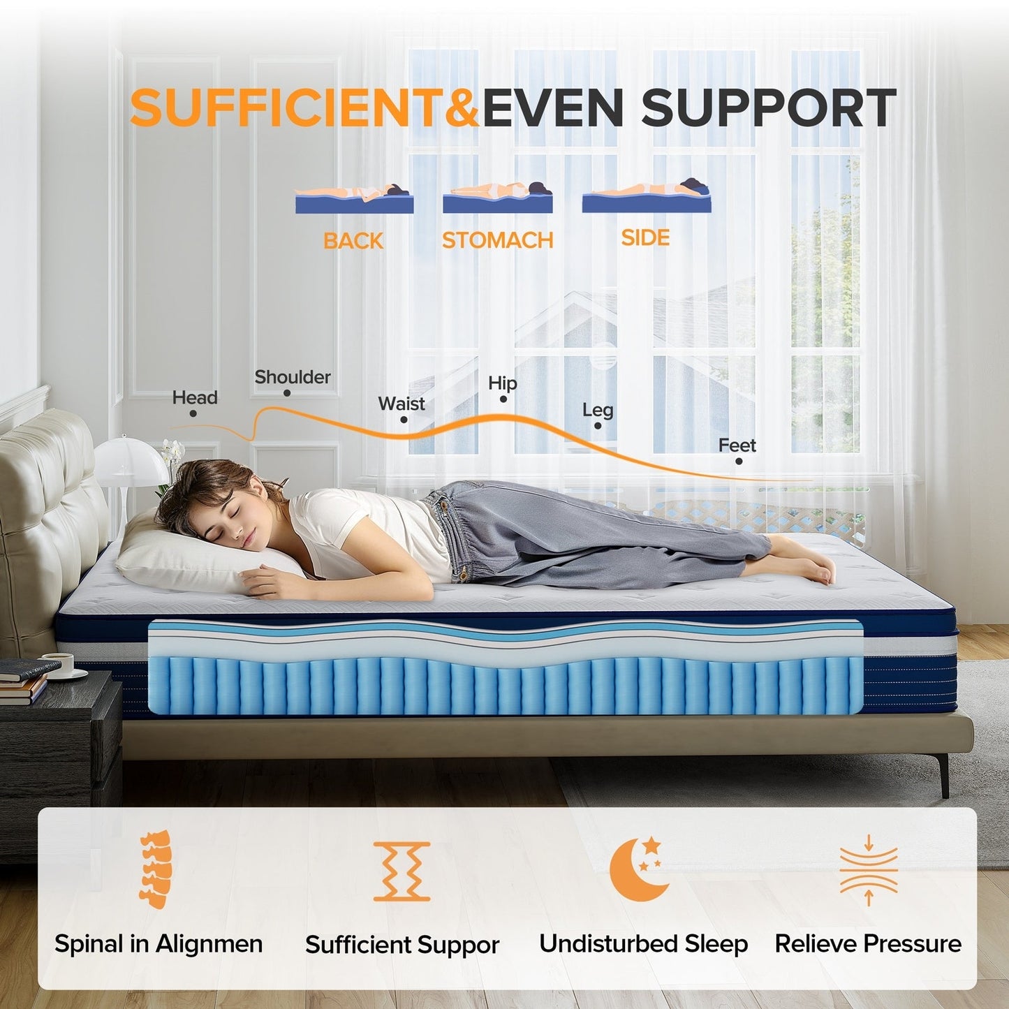 Matelas à ressorts avec surcouche moelleuse de 25 cm (10 pouces) SweDrea, fermeté moyenne, pour soulager le mal de dos et rafraîchir, certifié CertiPUR-US, SGS et OEKO-TEX.