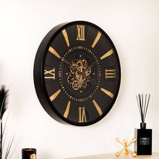 Tempered Glass Black & Gold Gears Wall Clock - 80cm