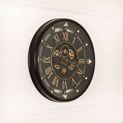 Tempered Glass Black & Gold Gears Wall Clock - 66cm