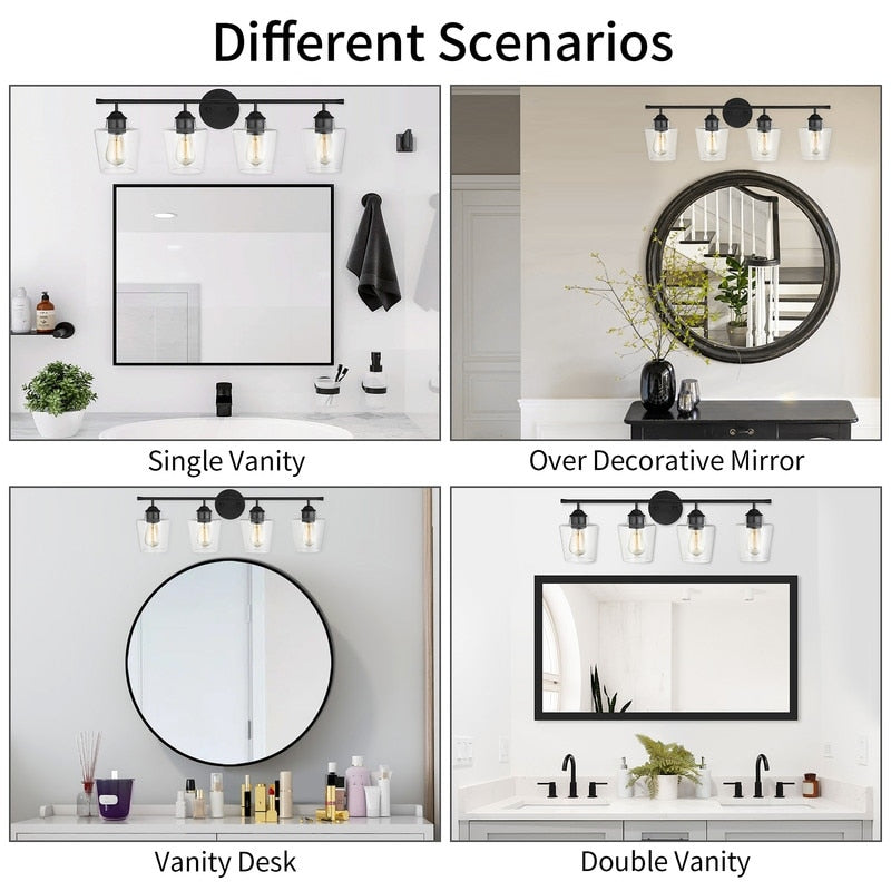 KAWOTI Applique murale de salle de bain en métal à 4 lumières avec abat-jour en verre, intensité variable