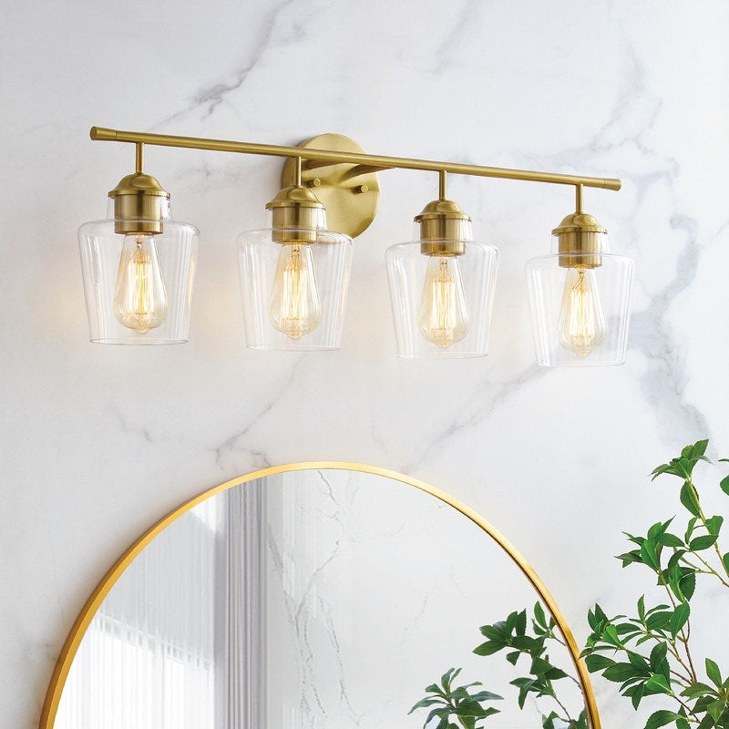 KAWOTI Applique murale de salle de bain en métal à 4 lumières avec abat-jour en verre, intensité variable