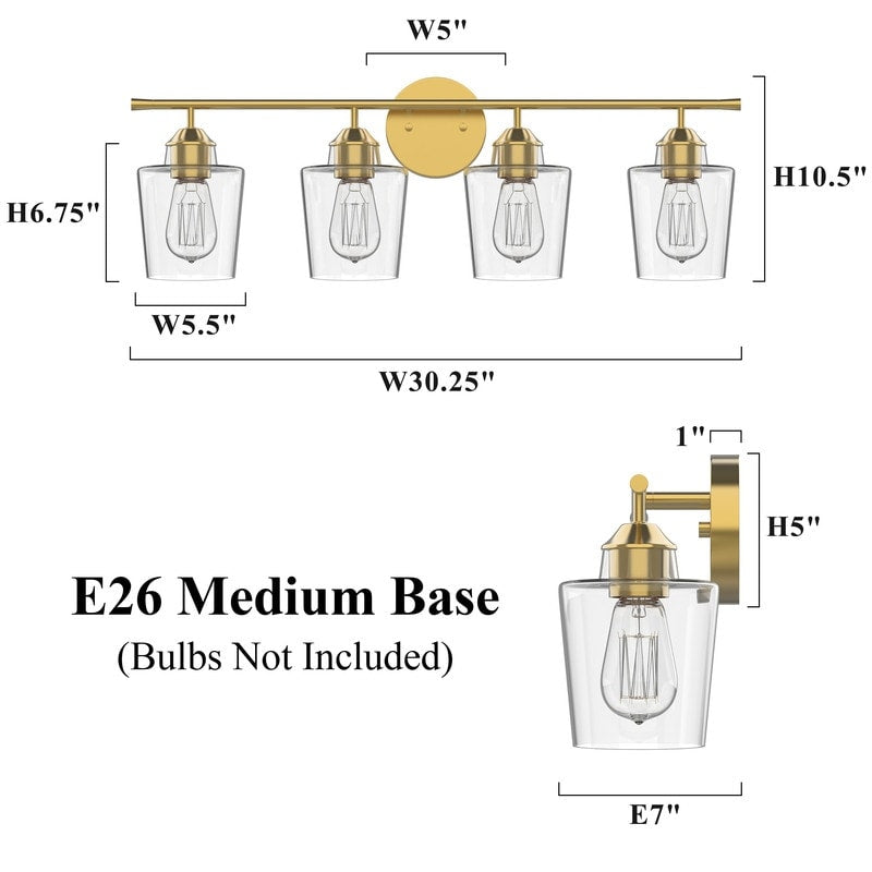 KAWOTI Applique murale de salle de bain en métal à 4 lumières avec abat-jour en verre, intensité variable