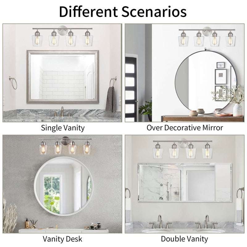 KAWOTI Applique murale de salle de bain en métal à 4 lumières avec abat-jour en verre, intensité variable