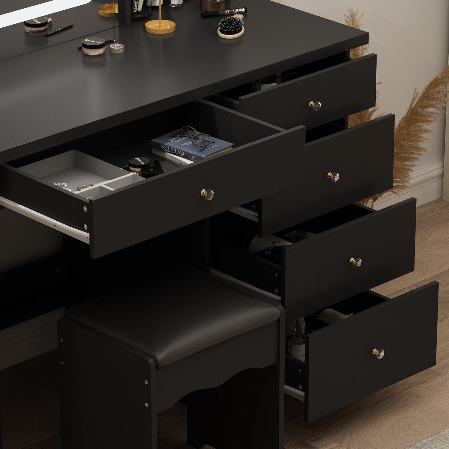 Ensemble de coiffeuse Kerrogee avec miroir éclairé réglable et tabouret - 99,9L x 49,9l x 136,1H (cm)