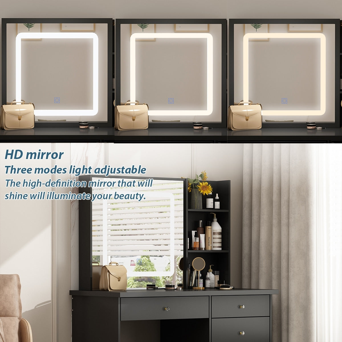 Ensemble de coiffeuse Kerrogee avec miroir éclairé réglable et tabouret - 99,9L x 49,9l x 136,1H (cm)