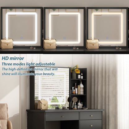 Ensemble de coiffeuse Kerrogee avec miroir éclairé réglable et tabouret - 99,9L x 49,9l x 136,1H (cm)