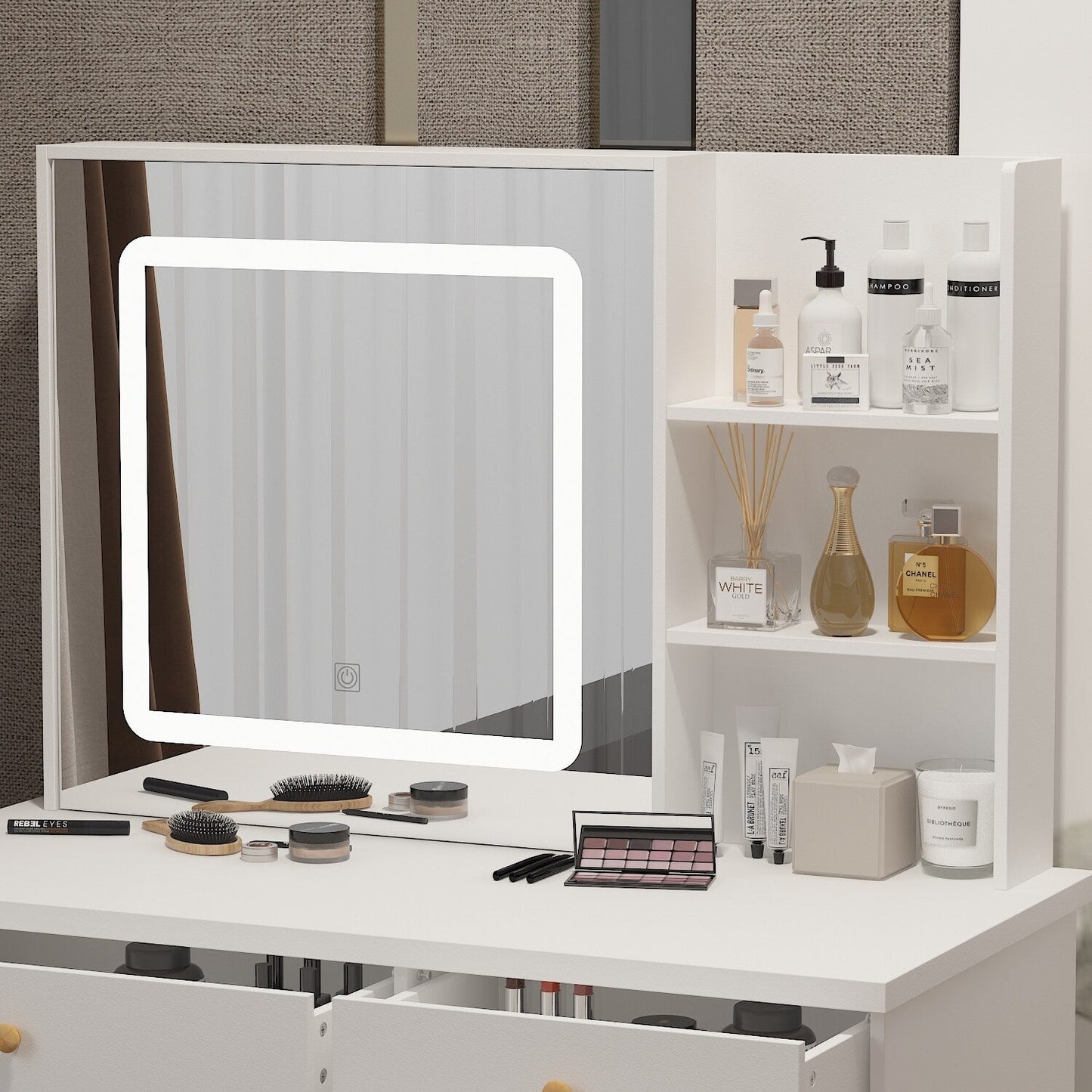 Ensemble de coiffeuse Kerrogee avec miroir éclairé réglable et tabouret - 99,9L x 49,9l x 136,1H (cm)