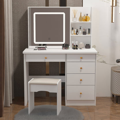 Ensemble de coiffeuse Kerrogee avec miroir éclairé réglable et tabouret - 99,9L x 49,9l x 136,1H (cm)