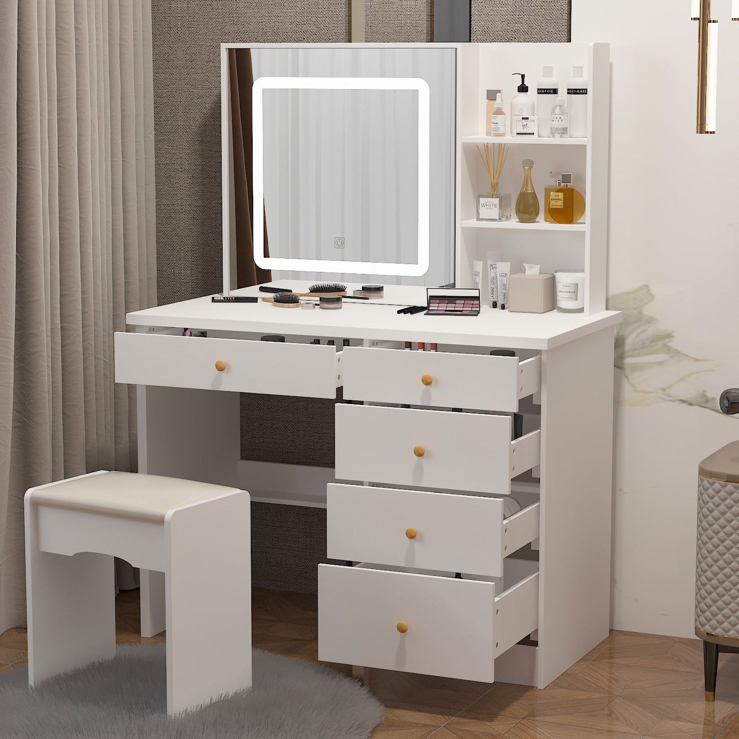 Ensemble de coiffeuse Kerrogee avec miroir éclairé réglable et tabouret - 99,9L x 49,9l x 136,1H (cm)